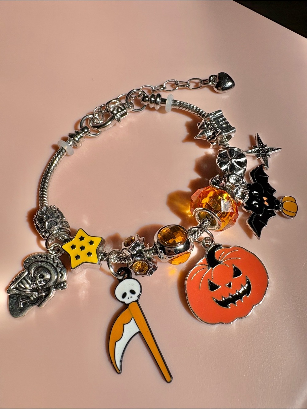Halloween Pumpkin Charm Bracelet - Silver with Orange Charms